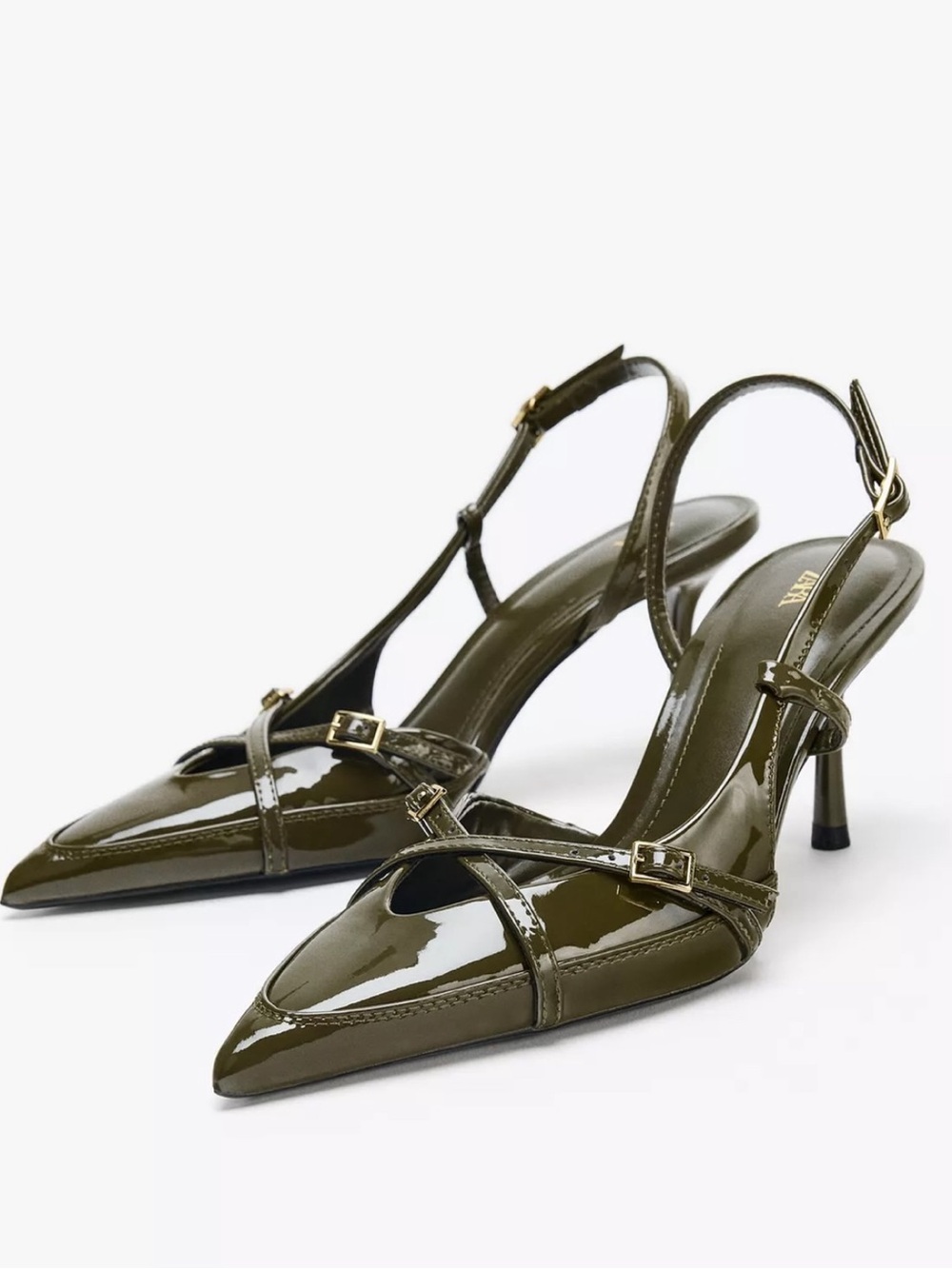 Zara Olive Green Patent Pointed-Toe Slingback Sandals